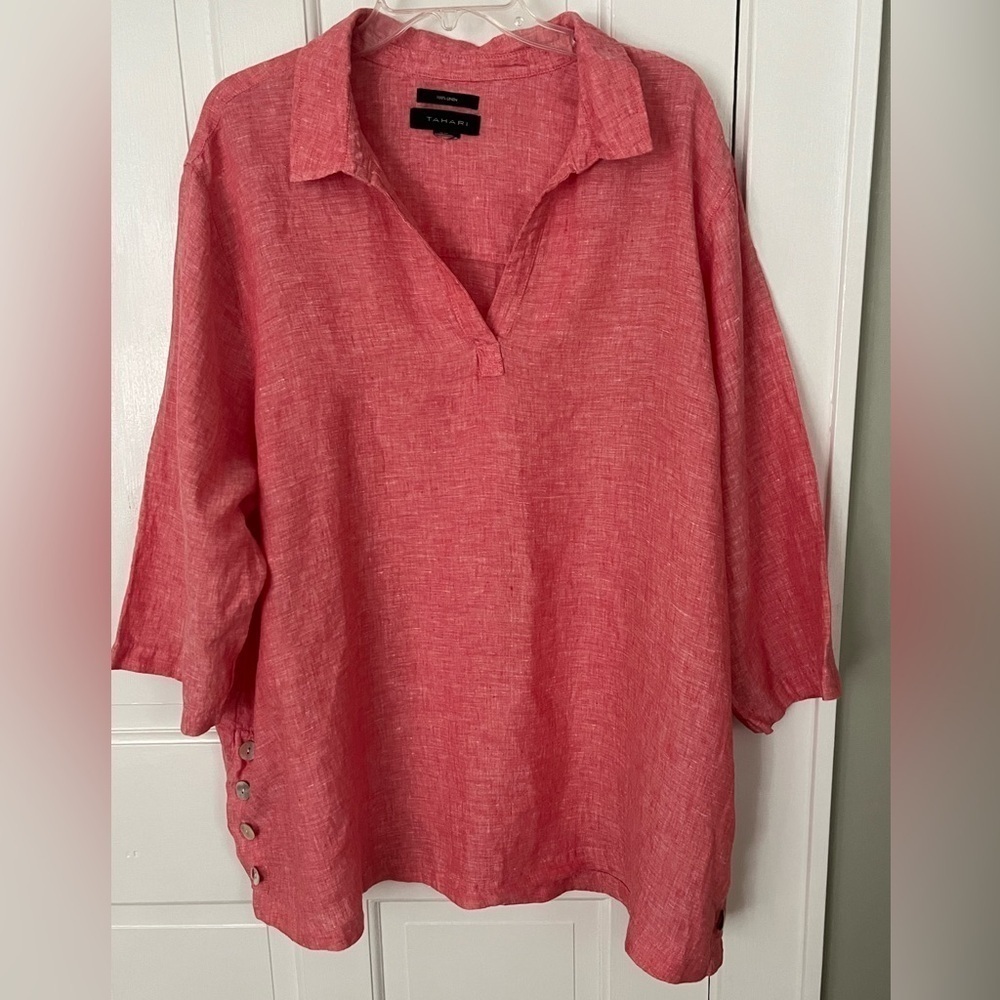 TAHARI 100% Linen Tunic Top Muted Red Split V Lagenlook Boho Casual Plus Size